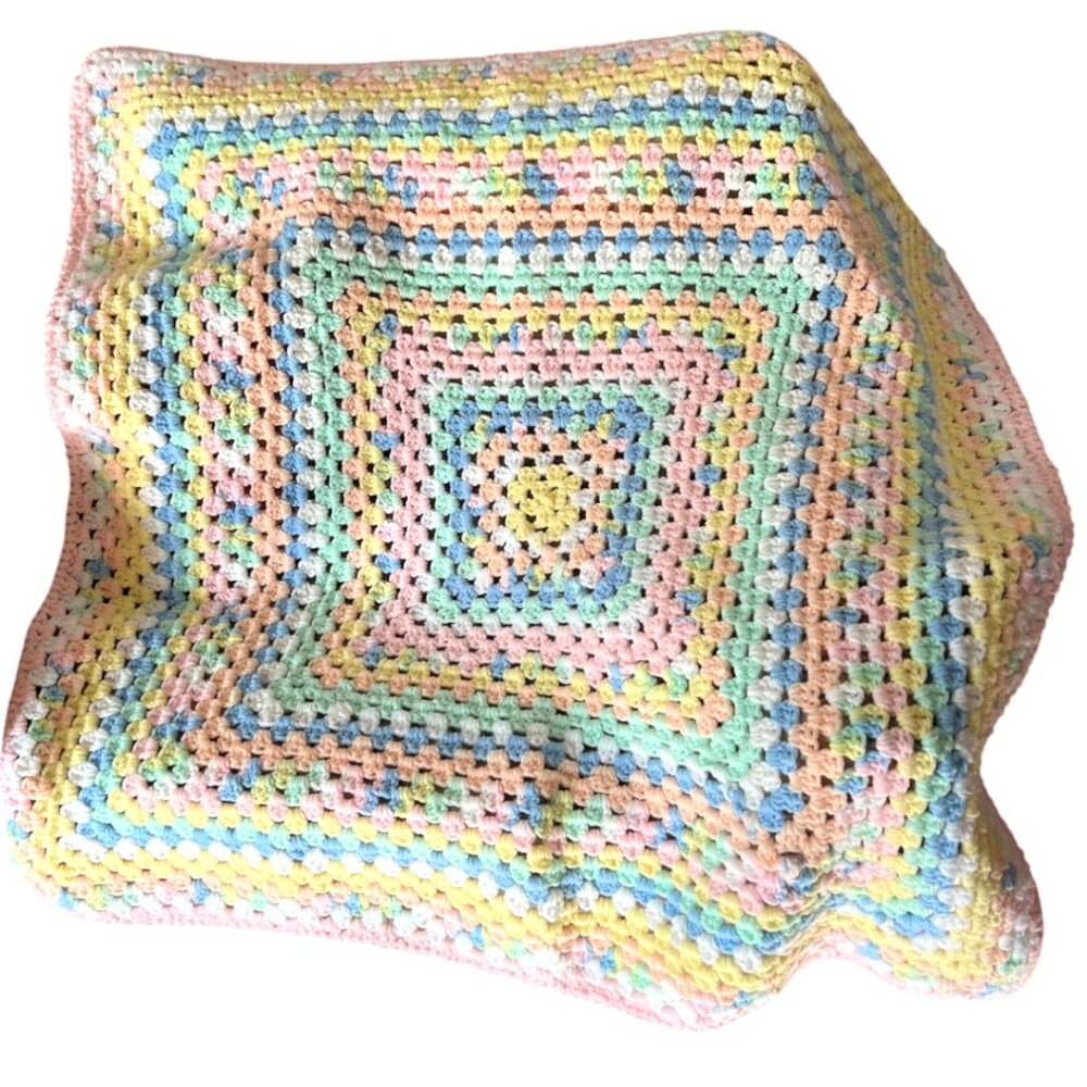 Handmade Pastel Rainbow Crocheted Baby Blanket / Lap Throw – 31"x33" - Picture 2 of 10